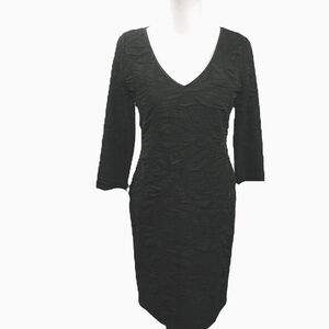 Simon Chang Black Textured V-Neck 3/4 Sleeve Midi Dress Size 8